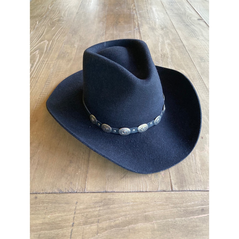 Stetson‎ Pony Express Teague Black Pure Wool Cowboy Hat Silver Concho Band 7 1/8